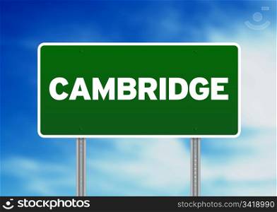 Green Cambridge, England highway sign on Cloud Background.