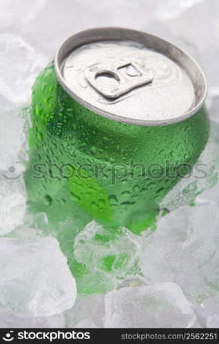 Green Can Of Fizzy Soft Drink Set In Ice