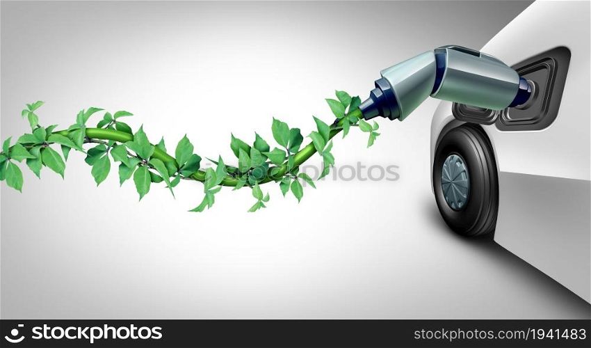 Green car plug-in and EV clean energy electric vehicle battery technology or charging station concept as a symbol with an electric wire shaped as plant for car and auto electrification of transport as a 3D illustration.