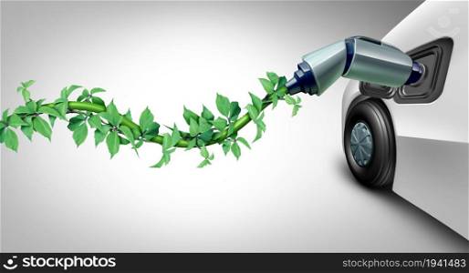 Green car plug-in and EV clean energy electric vehicle battery technology or charging station concept as a symbol with an electric wire shaped as plant for car and auto electrification of transport as a 3D illustration.