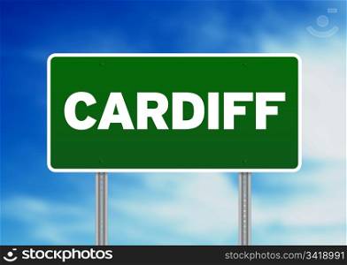 Green Cardiff, England highway sign on Cloud Background.
