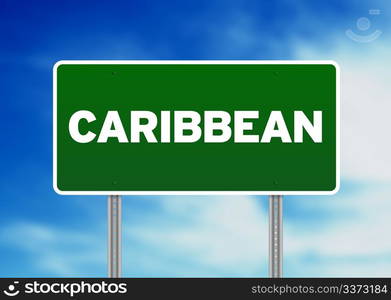 Green Caribbean highway sign on Cloud Background.