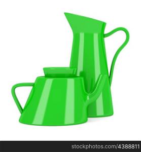 green ceramic jug and teapot isolated on white background