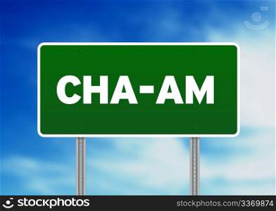 Green Cha-Am, Thailand road sign on Cloud Background.