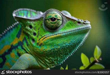 Green chameleon in the nature. Close up profile of a amazing reptile. Generative AIi
