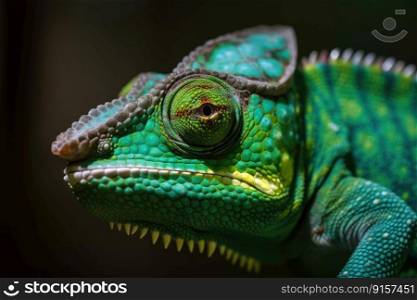 Green chameleon lizard close up. Tropical animal by generative AI