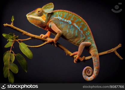 Green chameleon on branch.  Generative AI
