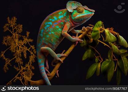 Green chameleon on branch.  Generative AI 
