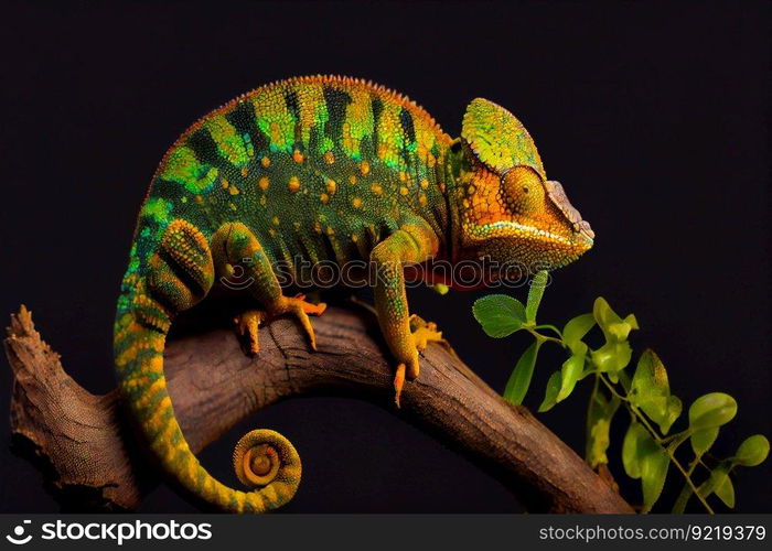 Green chameleon on branch.  Generative AI
