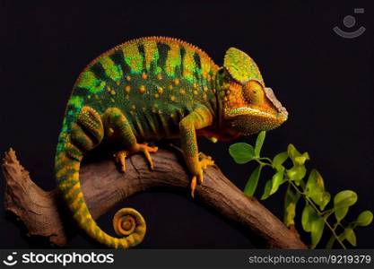 Green chameleon on branch.  Generative AI
