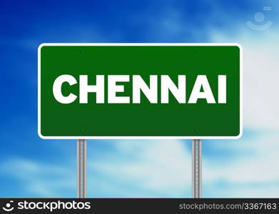 Green Chennai Road sign on Cloud Background.