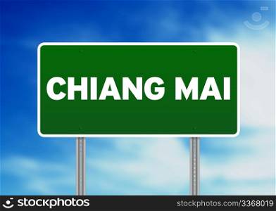 Green Chiang Mai, Thailand road sign on Cloud Background.