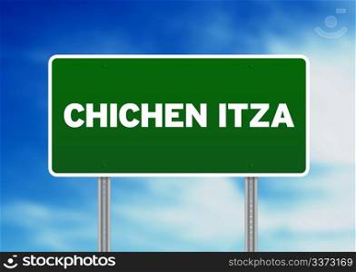 Green Chichen Itza highway sign on Cloud Background.