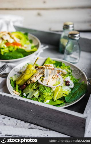 Green chicken salad on wooden background