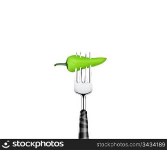 Green chilies pierced by forks isolated on white background