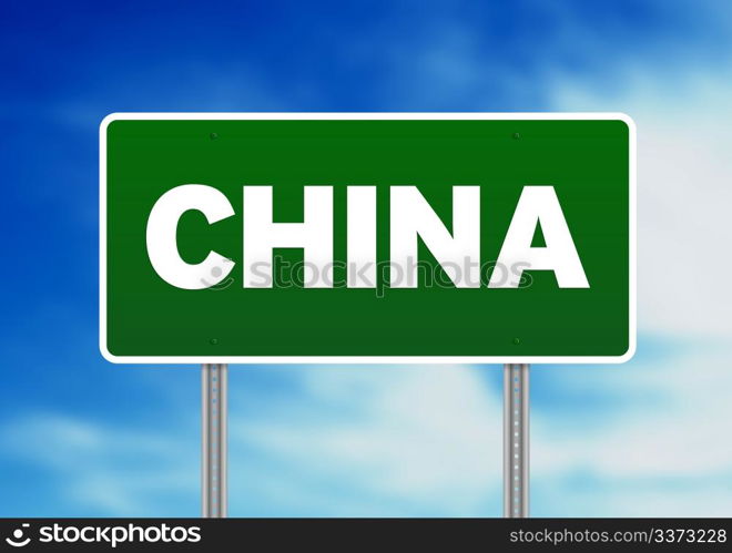 Green China highway sign on Cloud Background.