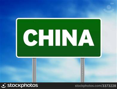 Green China highway sign on Cloud Background.