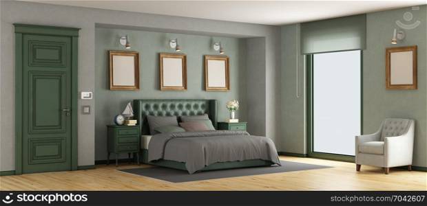 Green classic master bedroom. Green classic master bedroom with leather double bed - 3d rendering