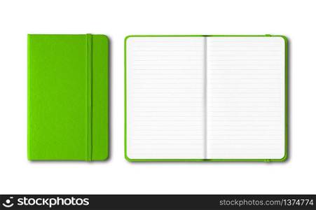 Green closed and open lined notebooks mockup isolated on white. Green closed and open lined notebooks isolated on white