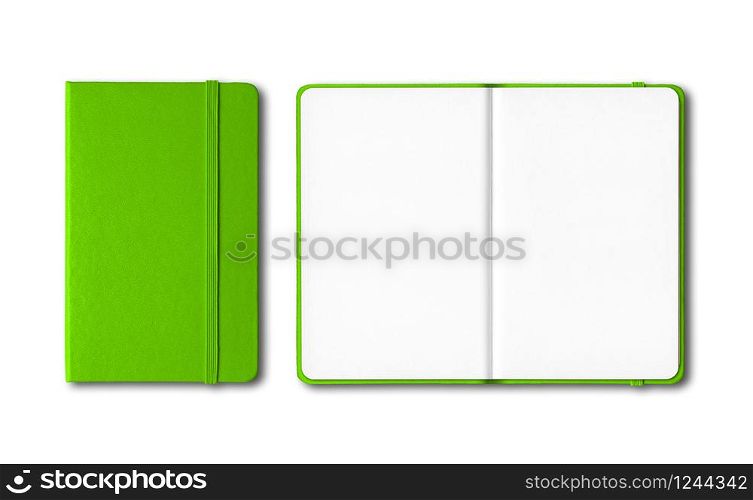 Green closed and open notebooks mockup isolated on white. Green closed and open notebooks isolated on white