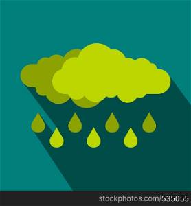 Green cloud with rain drop icon in flat style on a blue background. Green cloud with rain drop icon, flat style
