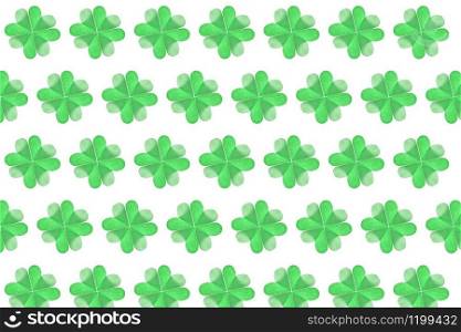 Green clover leaves with four petals paper handmade from colored paper on a white background. Happy St.Patrick &rsquo;s Day concept.. Holiday pattern from handmade clover&rsquo;s petals.