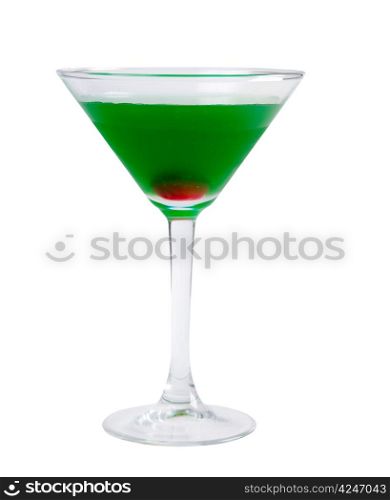 green coctail drink with ice cubs isolated on white background.