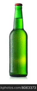 Green cold bottle of beer with drops isolated on white background. Green cold bottle of beer with drops