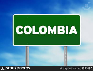 Green Colombia highway sign on Cloud Background.