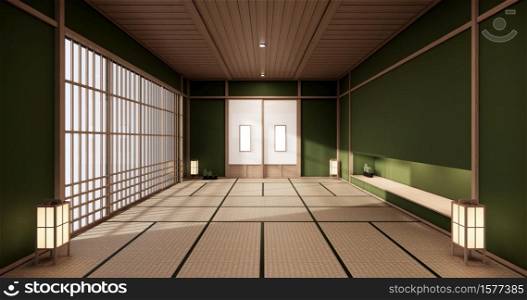 green color room design interior with door paper and cabinet shelf wall on tatami mat floor room japanese style. 3D rendering