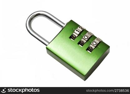 Green combination lock isolated on white background
