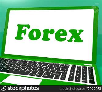 Green Computer On Desk With White Copyspace. Forex Laptop Showing Foreign Exchange Or Currency Trading