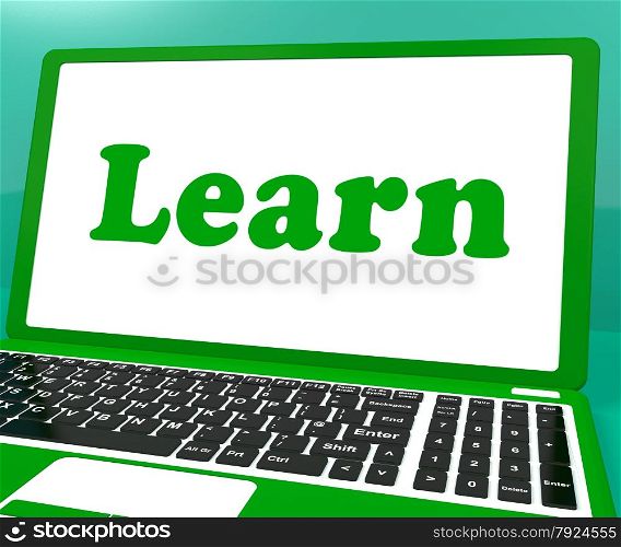 Green Computer On Desk With White Copyspace. Learn Laptop Showing Web Learning Or Studying
