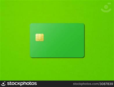 Green credit card template isolated on a color background. 3D illustration. Green card on a color background