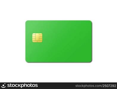 Green credit card template isolated on a white background. 3D illustration. Green card on a white background