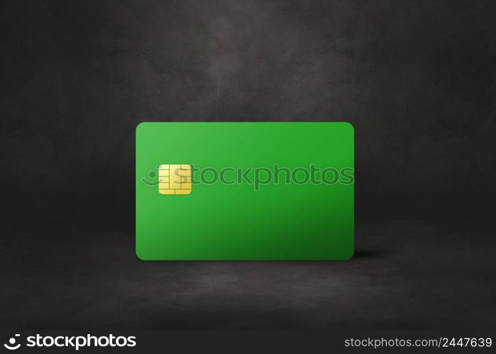 Green credit card template on a black concrete background. 3D illustration. Green credit card on a black concrete background