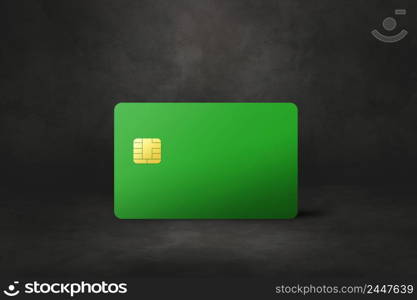 Green credit card template on a black concrete background. 3D illustration. Green credit card on a black concrete background