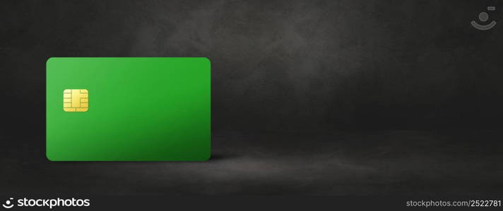 Green credit card template on a black concrete background banner. 3D illustration. Green credit card on a black concrete background