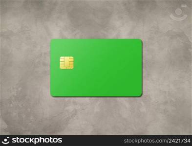 Green credit card template on a concrete background. 3D illustration. Green credit card on a concrete background