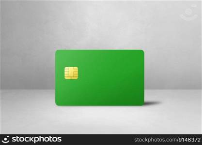 Green credit card template on a white concrete background. 3D illustration. Green credit card on a white concrete background