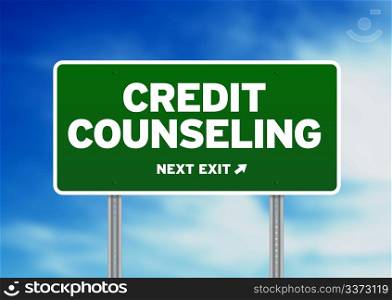 Green Credit Counseling highway sign on Cloud Background.