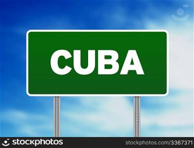 Green Cuba highway sign on Cloud Background.
