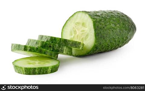 Green cucumber cut in circles isolated on white background. Green cucumber cut in circles