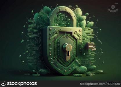 Green data with locked padlock on background with plants and leaves. Green leaving, eco sustainability, earth nature code concept. Generative AI. Green data with padlock. Green eco sustainability, earth nature code concept. Generative AI