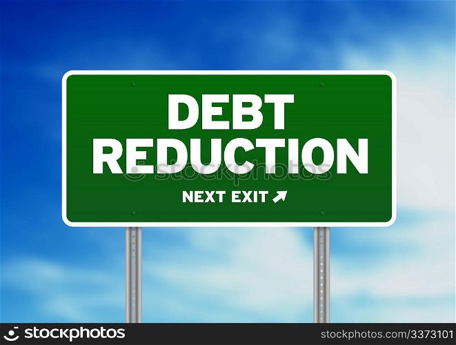 Green Debt Reduction highway sign on Cloud Background.