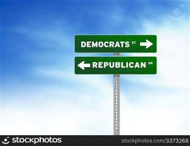 Green Democrats and Republican Road Sign on Cloud Background