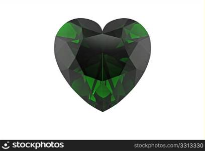 Green diamond emerald in form of heart, isolated on white