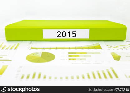 green document binder with year number 2015 place on graphs and charts of business budget planning