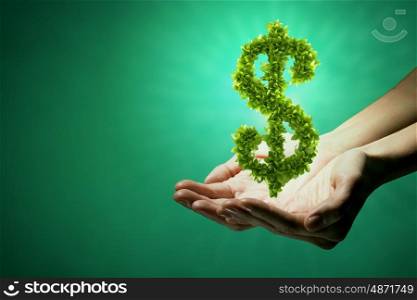 Green dollar concept. Close up of hands holding green dollar sign