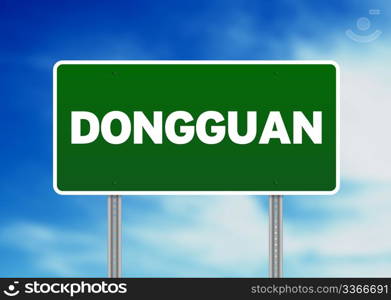 Green Dongguan road sign on Cloud Background.